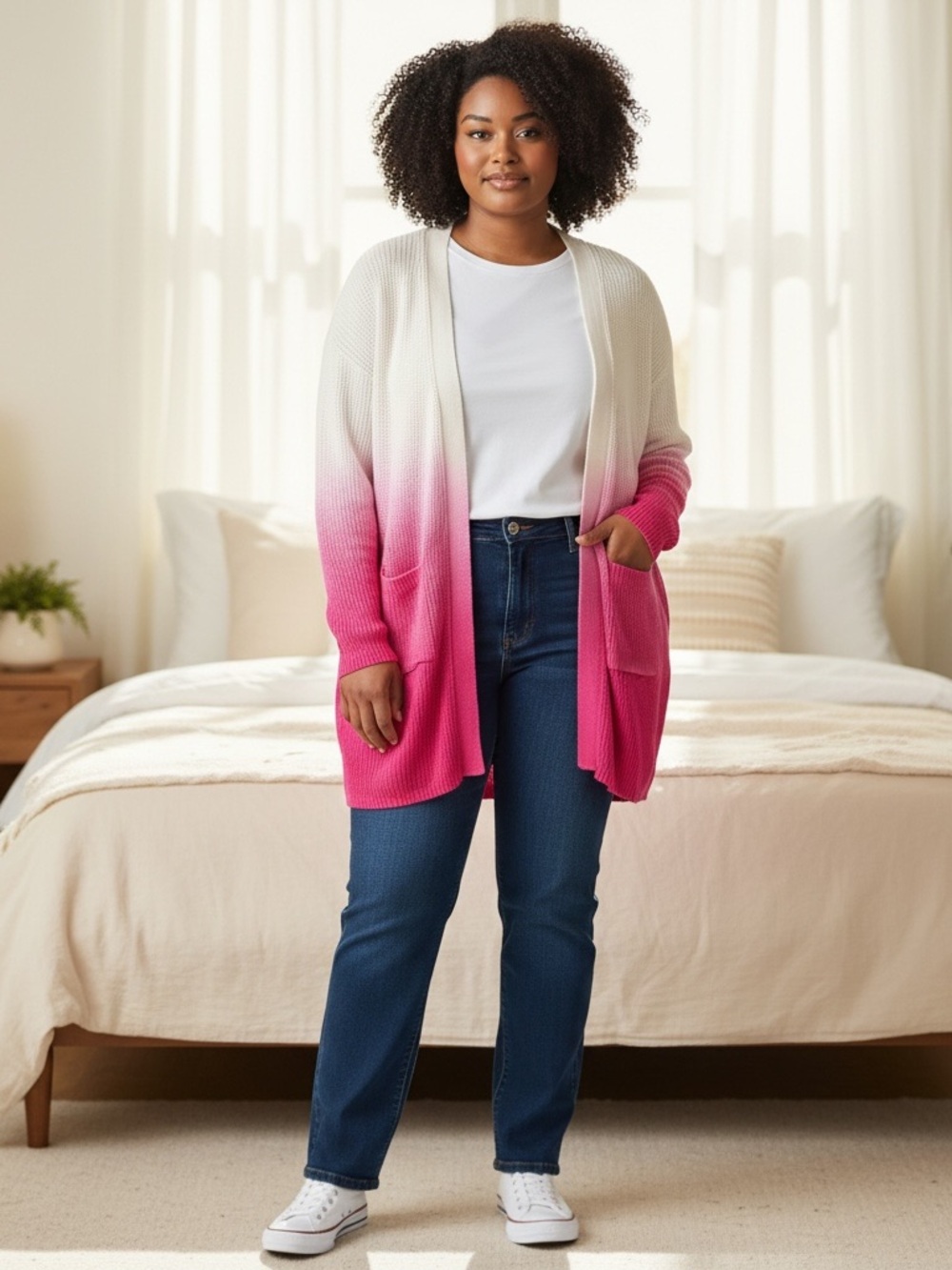 Lane Bryant Cream to Bright Pink Ombre Open-Front Cardigan